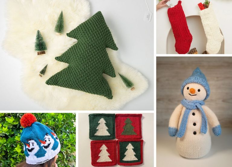 A collage of Knitted Christmas Decorations features a green tree-shaped pillow, red and white stockings, small tree coasters, a snowman doll, and a hat with snowmen and a red pom-pom.