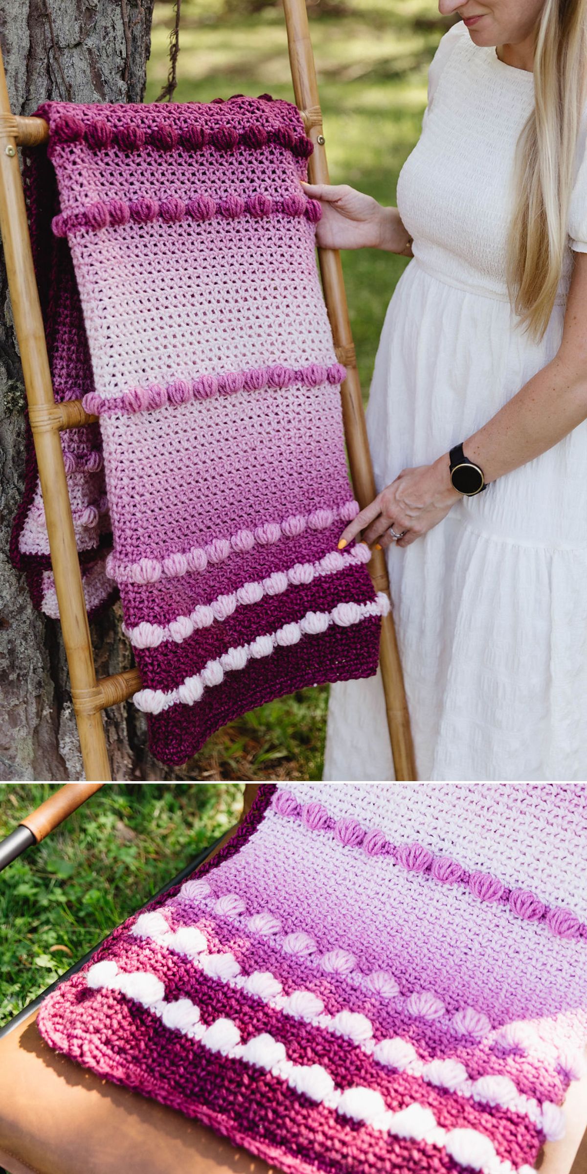A woman in a white dress displays a purple and white crocheted blanket featuring textured rows and crochet bobble stitch, draped over a wooden ladder outdoors — a lovely inspiration for those seeking free blanket patterns.