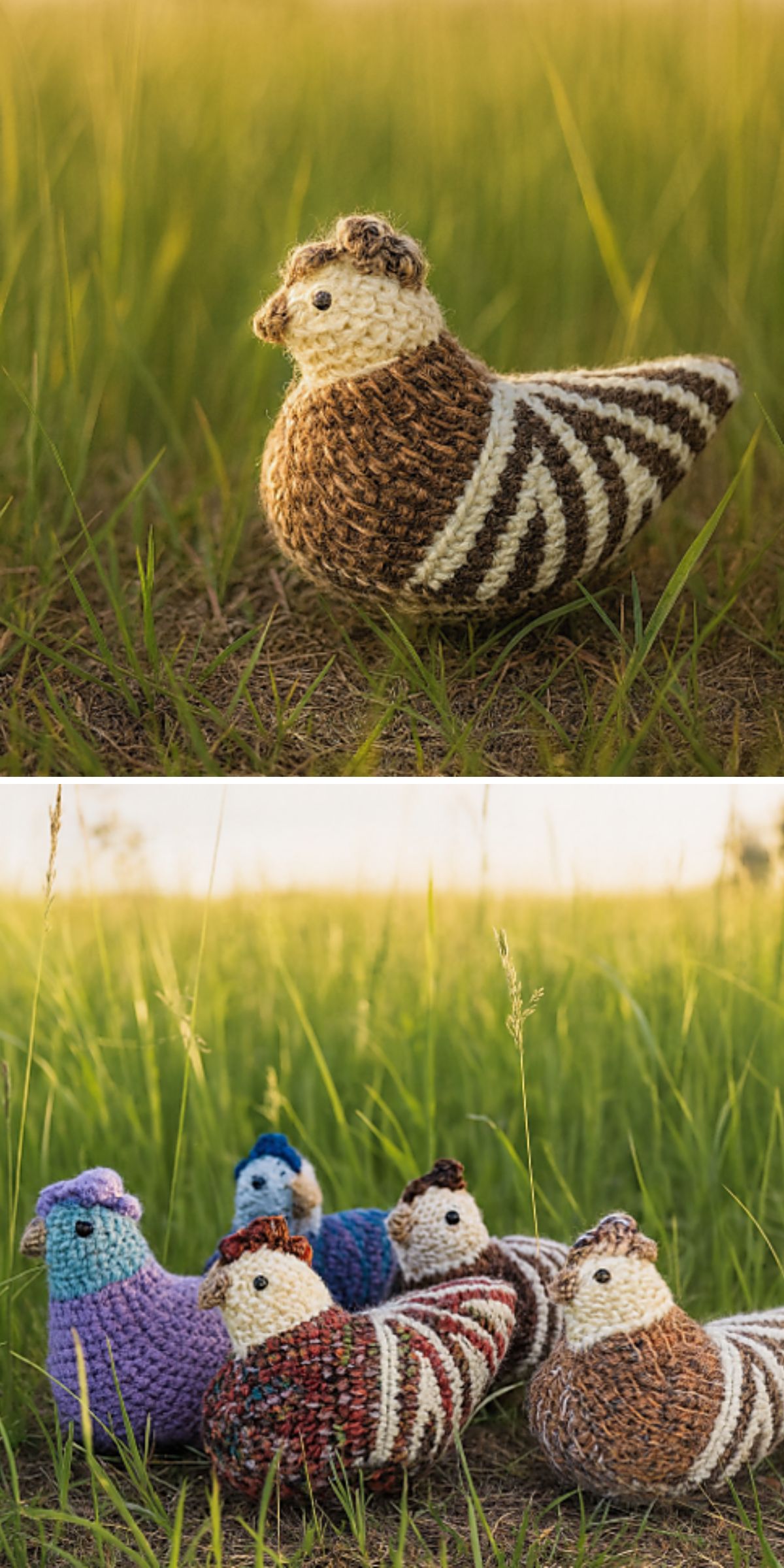 atmospheric pictures of crochet chicken in a green grass