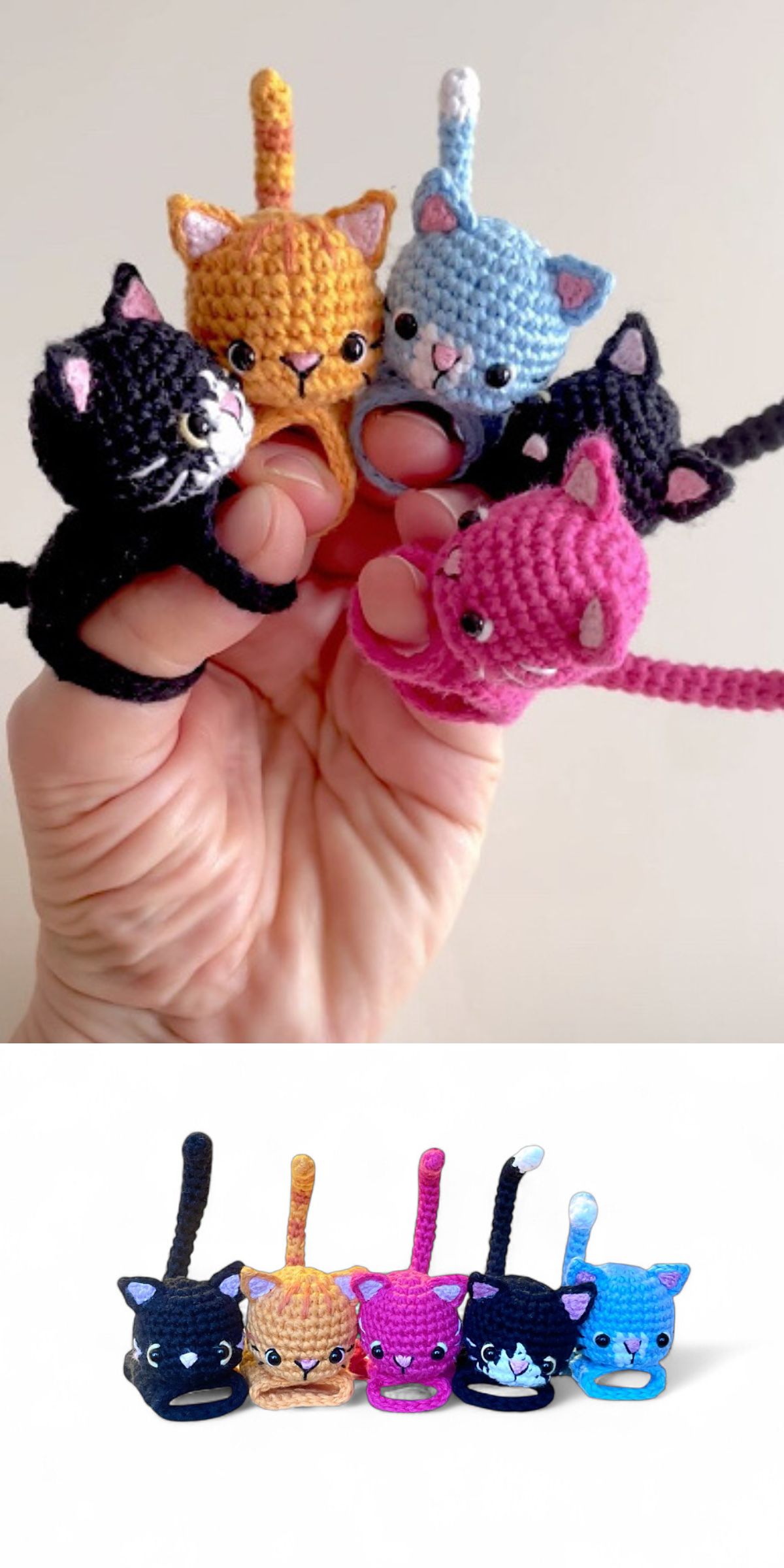 five colorful crochet finger cats