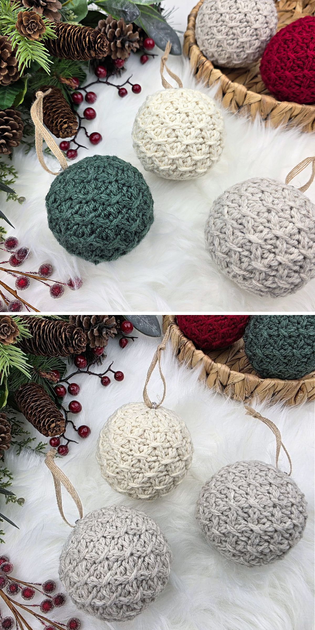 Four crochet ornaments in green, cream, and gray rest on a white surface, surrounded by pinecones, red berries, and a small wicker basket