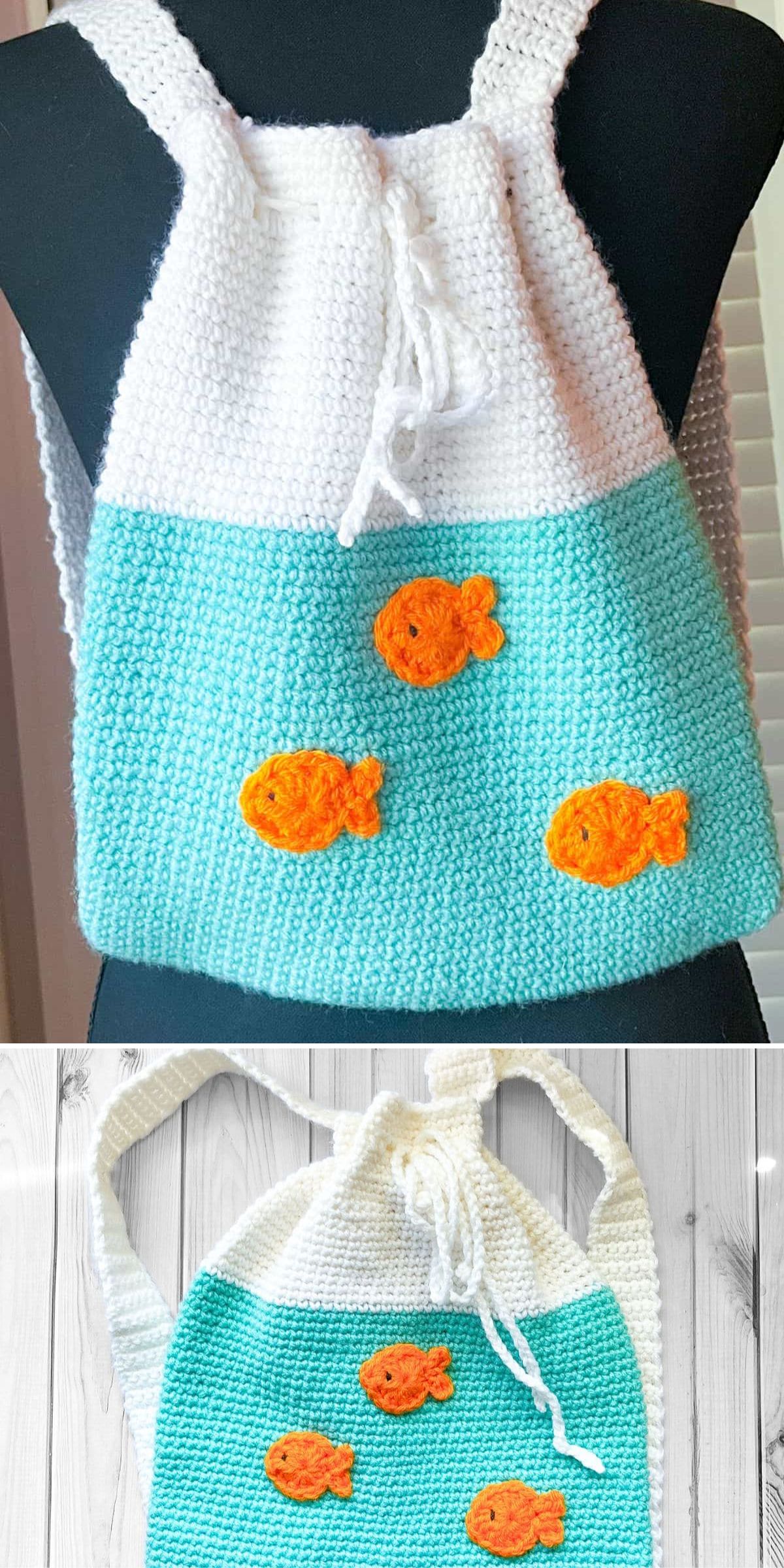 a crochet drawstring backpack featuring an aquarium with three orange fish appliques