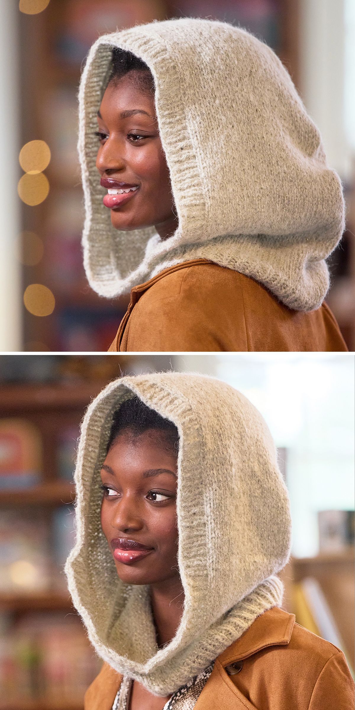 A woman wearing a light gray knitted hooded cowl with a cozy knitted hood over a brown jacket, shown from side and front angles in an indoor setting.