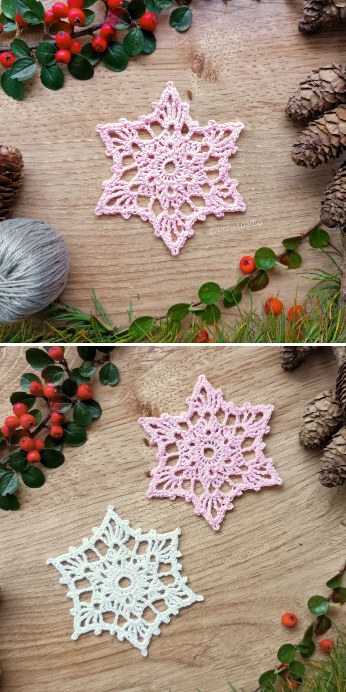 Two images show intricately crocheted snowflakes in white and pink, each doubling as a charming crochet ornament, displayed on a wooden surface with pine cones, berries, and yarn as decoration.
