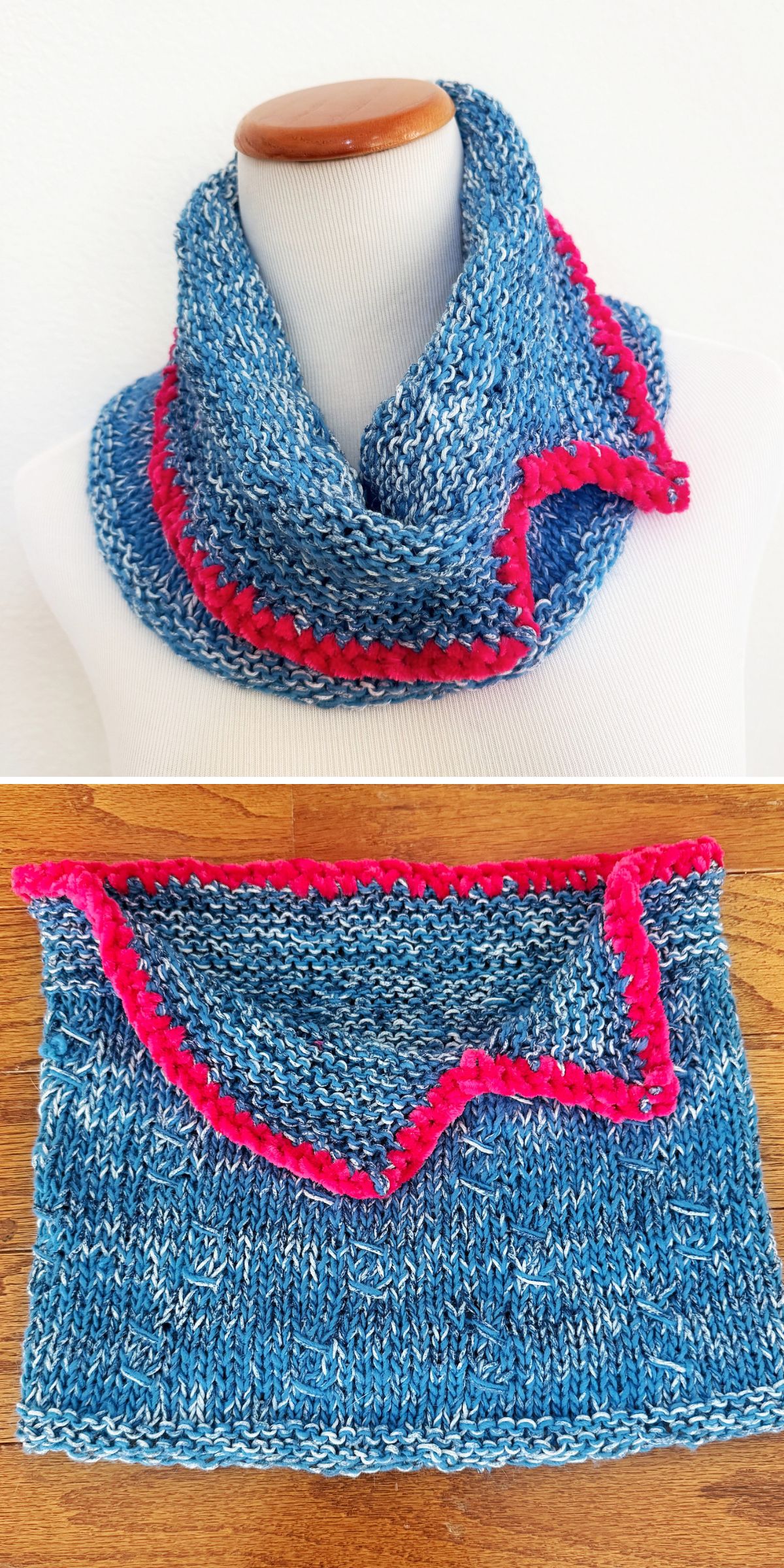 A knitted cowl in blue features a textured pattern and bright pink edging, displayed on a mannequin and laid flat on a wooden surface.