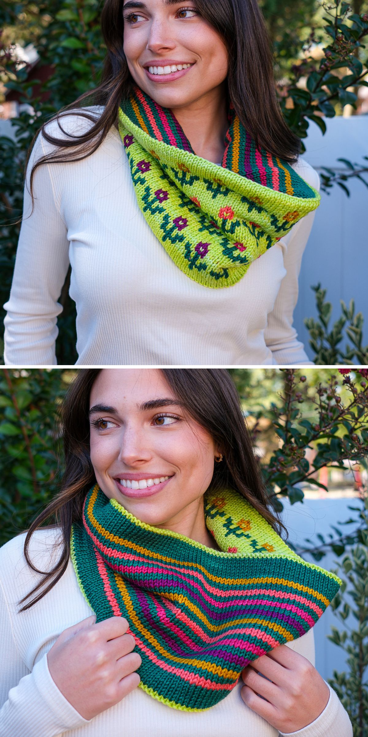 A woman wearing a reversible knitted cowl with colorful stripes on one side and a bright floral pattern on the other, shown outdoors in two different poses.