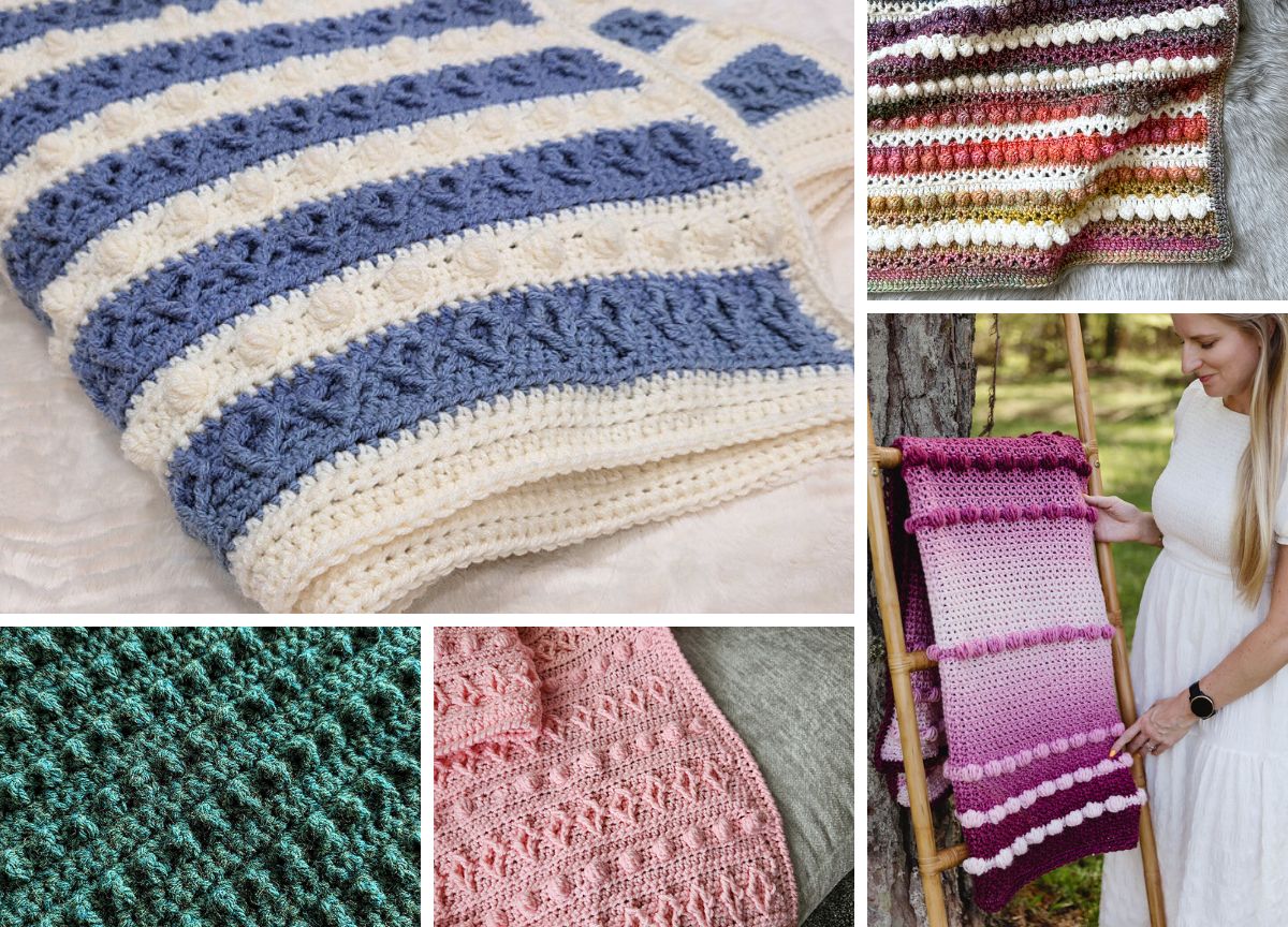 A collage of crocheted blankets in various patterns and colors, including blue and white stripes, pink ombre, green, peach, and multicolored stripes— perfect for exploring free blanket patterns or trying the crochet bobble stitch.