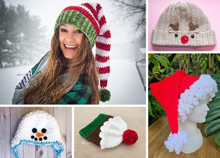 A collage of five festive Crochet Christmas Hats, including a striped elf hat, a reindeer hat, a snowman hat, a cupcake hat, and a Santa hat, displayed on people and mannequins.