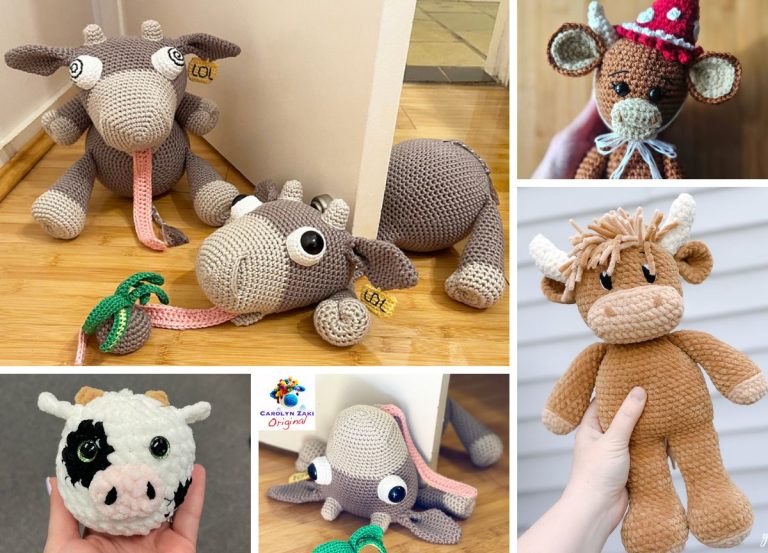 A collage of crochet cow and bull plush toys, featuring different colors, styles, and facial expressions, displayed on various backgrounds.