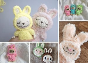 Collage of handmade plush dolls and brooches, including Crochet Labubu amigurumi designs and amigurumi patterns, resembling animals with bunny ears in various pastel colors and textures on different backgrounds.