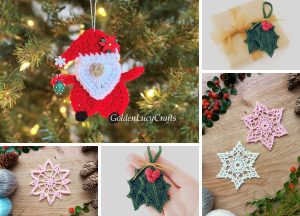 A collage of Christmas crochet ornaments, including a Santa, holly leaves with berries, and pink and white snowflakes using crochet ornament patterns, displayed on a tree, hand, gift, and flat surfaces.