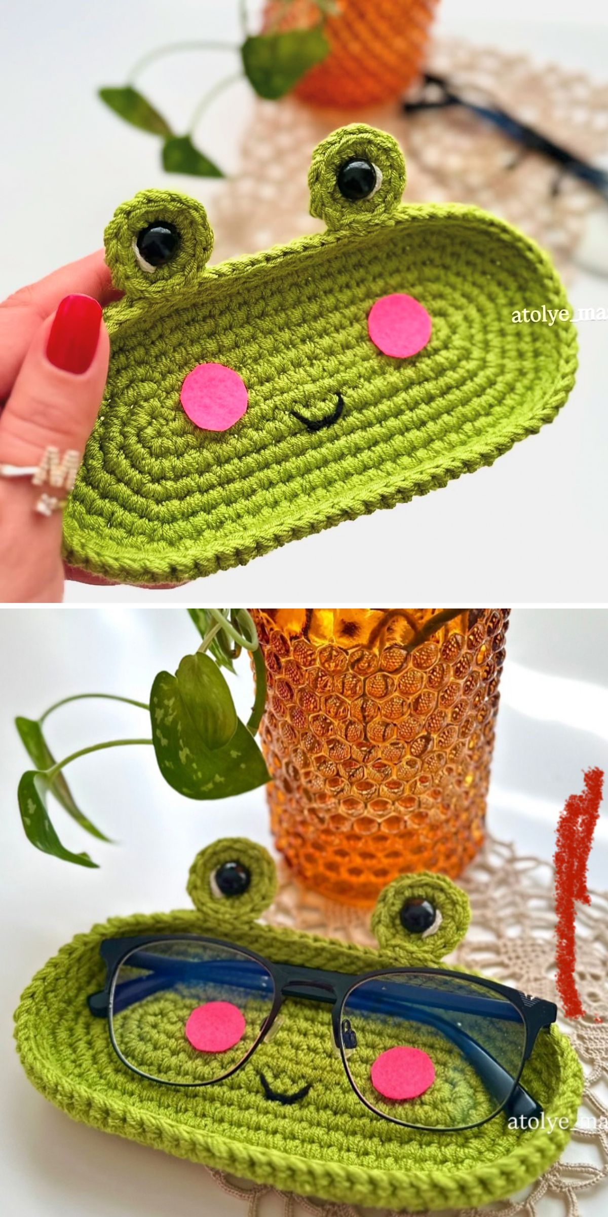 A crochet frog eyeglass case in green, featuring button eyes and pink felt cheeks, is shown both empty and holding a pair of glasses.