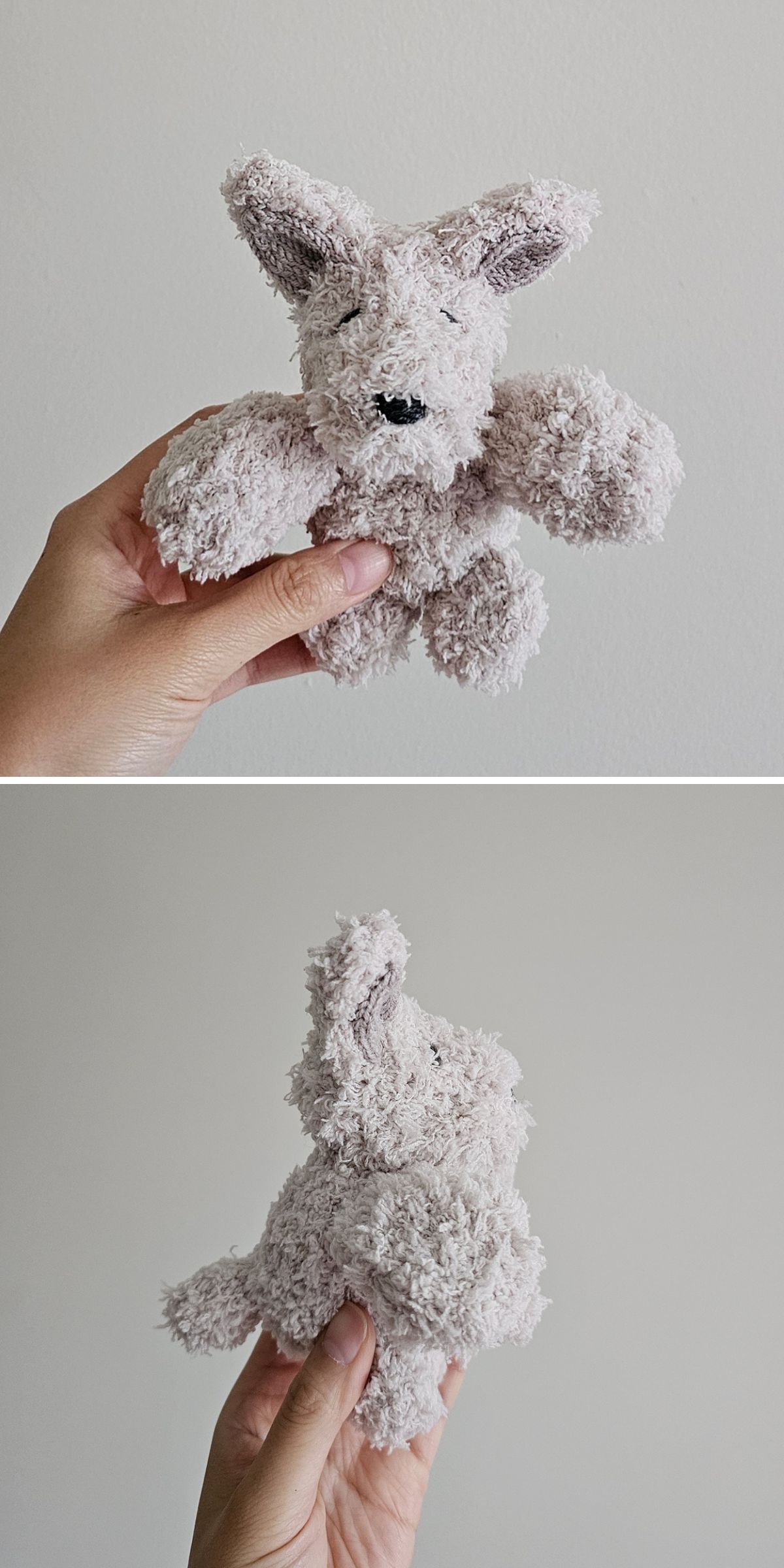 a lovely grey knitted dog toy