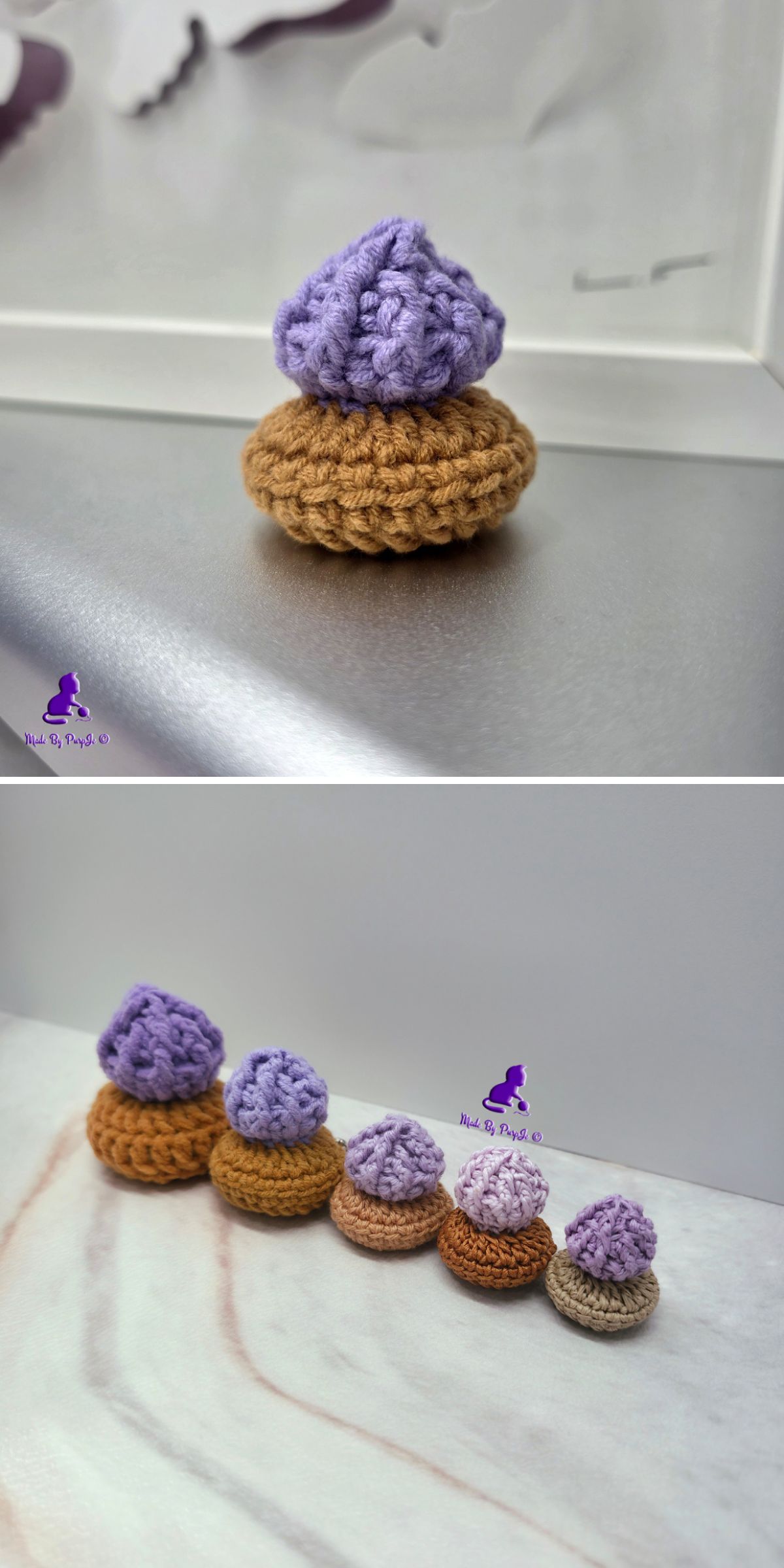 Two images showcase crochet amigurumi desserts: small pastries with brown bases and purple tops, displayed solo in the first image and lined up in different sizes in the second.