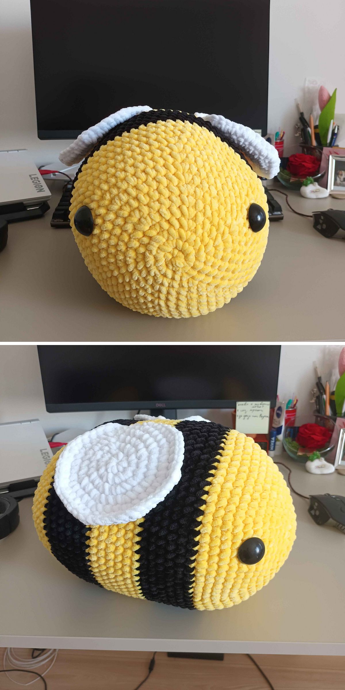 Two photos of a large, crochet bee amigurumi plush with white wings and black eyes, displayed on a desk in front of a computer monitor and various office supplies.