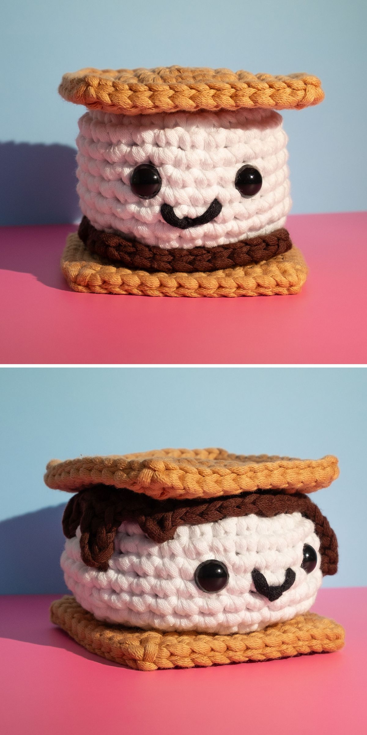 Two images of a crochet amigurumi food s'more plush with a smiling face; the top image shows the plain plush, while the bottom image features added "melted chocolate" yarn details.