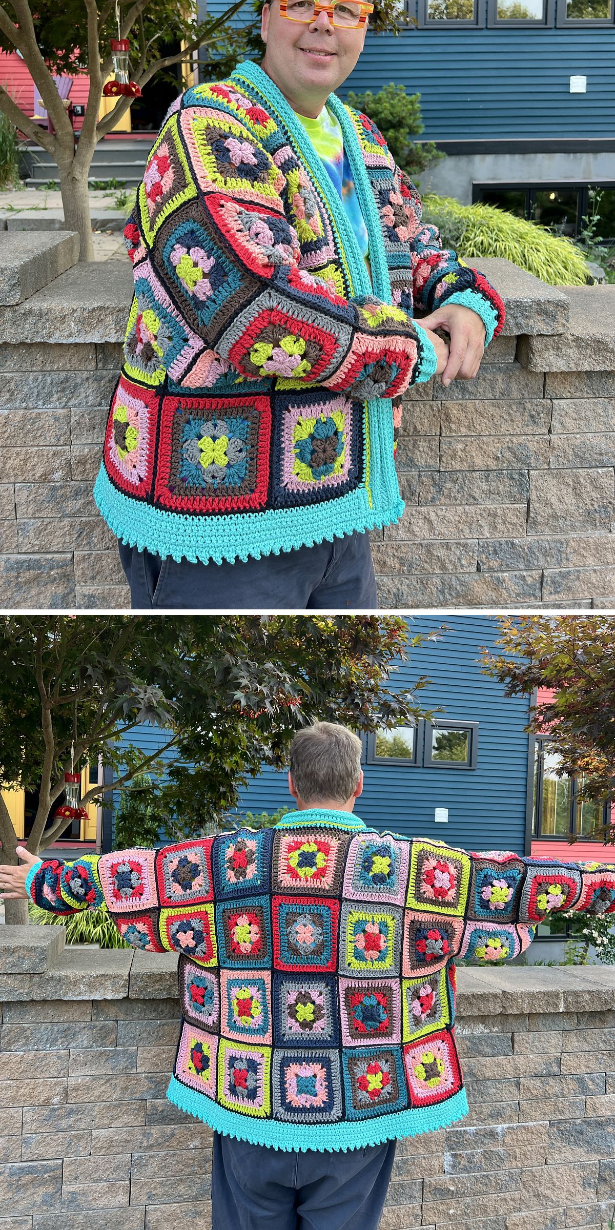 A person wearing a vibrant crochet cardigan poses in front of a stone wall, showcasing the handmade granny square jacket from both the front and back.