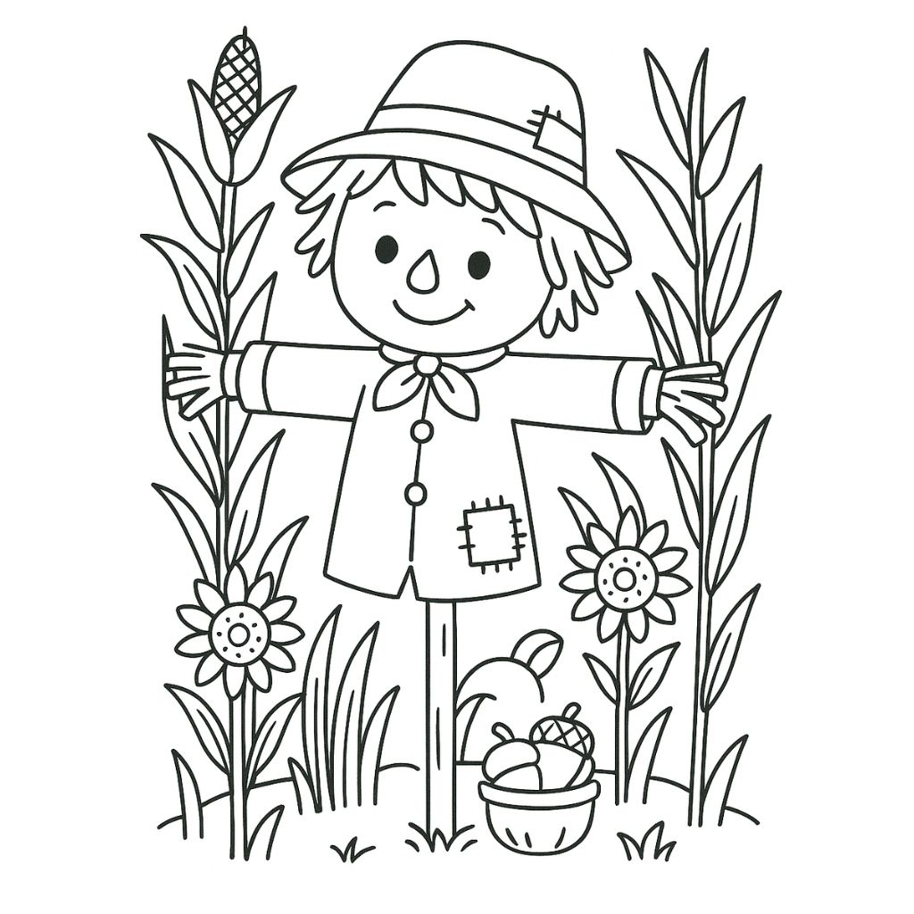 A scarecrow with a hat and patchy coat stands among tall corn stalks, sunflowers, grass, and a basket of vegetables—perfect for kids to enjoy on free printable Thanksgiving coloring pages.