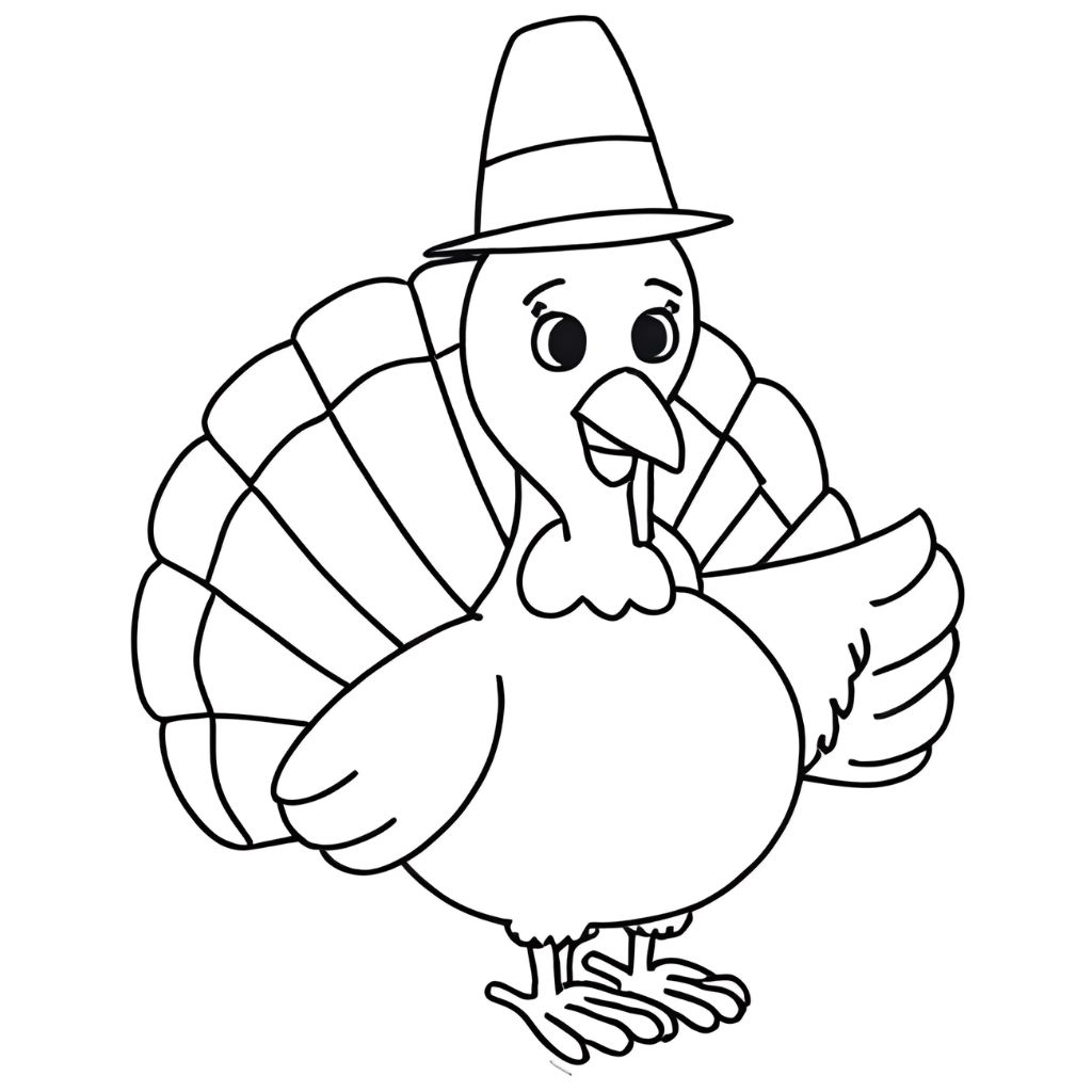 Black and white illustration of a turkey wearing a pilgrim hat, with large tail feathers displayed and one wing raised—perfect for kids to enjoy as part of their free printable Thanksgiving coloring pages.
