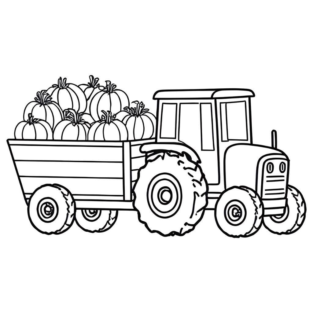 Black and white illustration of a tractor pulling a trailer filled with large pumpkins—perfect for free Thanksgiving coloring pages or printable PDFs.