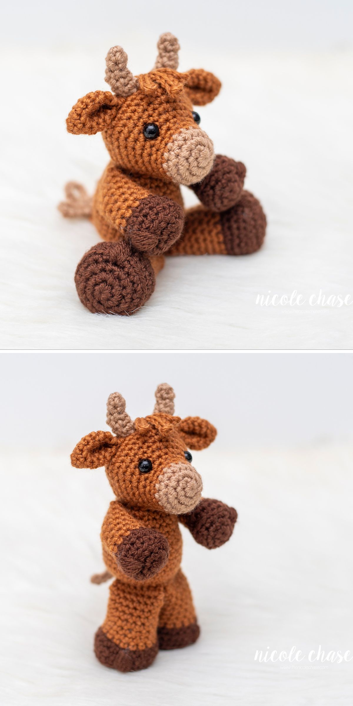 Two crochet plush toys shaped like brown cow with small antlers, photographed on a white surface in seated and standing positions, are displayed alongside a charming crochet cow for an adorable handmade collection.