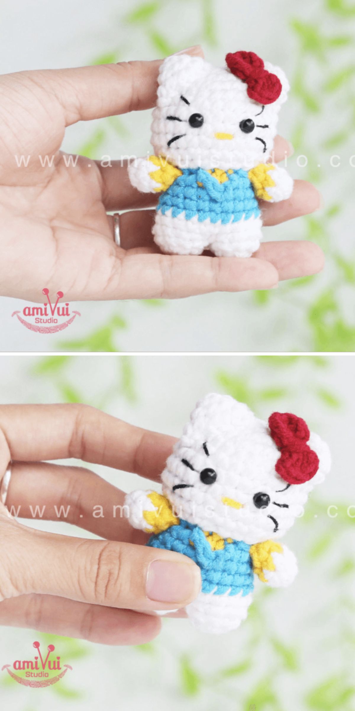 Two photos show a hand holding a crochet cat amigurumi doll with a red bow, blue overalls, and yellow sleeves against a blurred background.