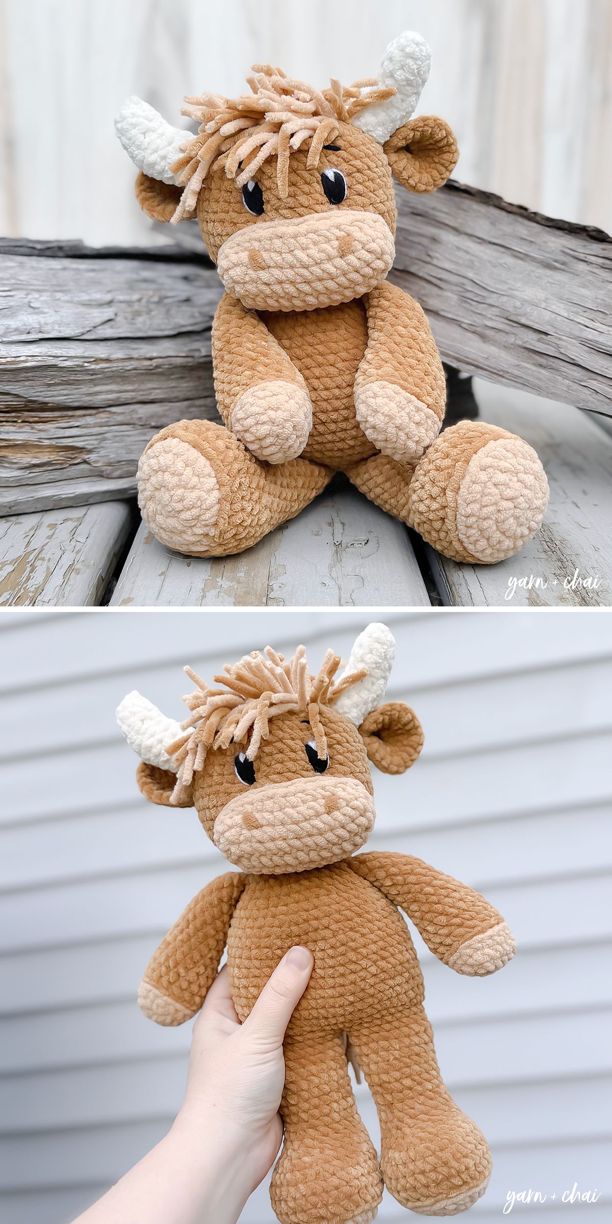 A plush crochet cow with tan and cream textured fabric, white horns, and tufted hair is shown sitting on wood and being held up against a white background.