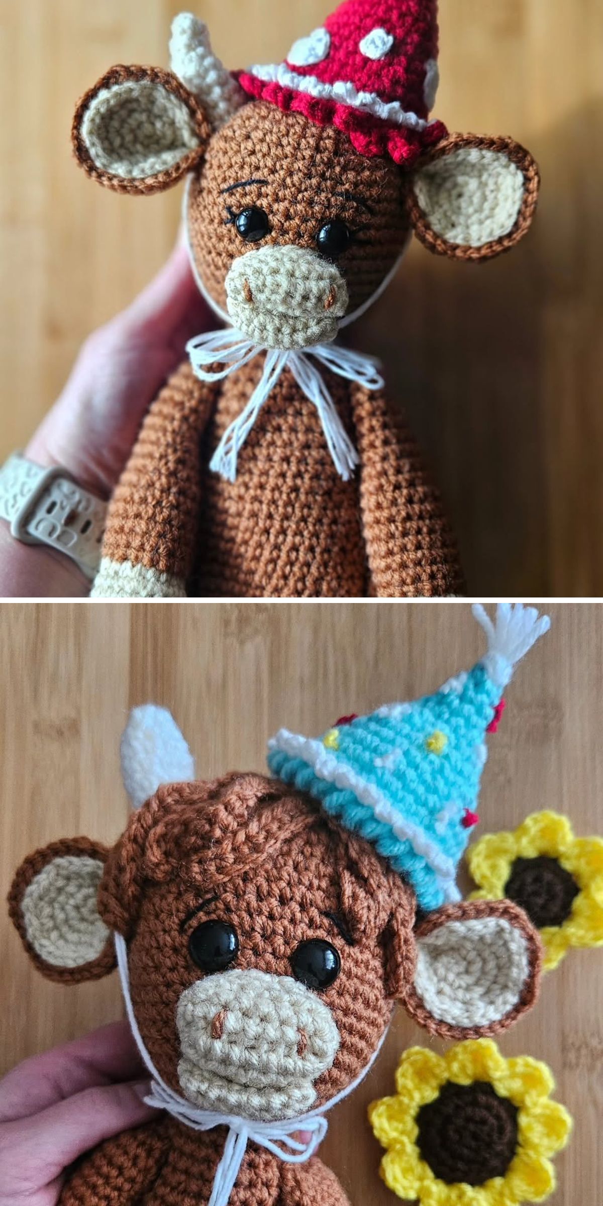 Two crochet cow plushies wearing party hats. The top cow sports a red hat and white ribbon bow, while the bottom crochet cow has a blue hat with yellow dots and sunflowers beside its head.