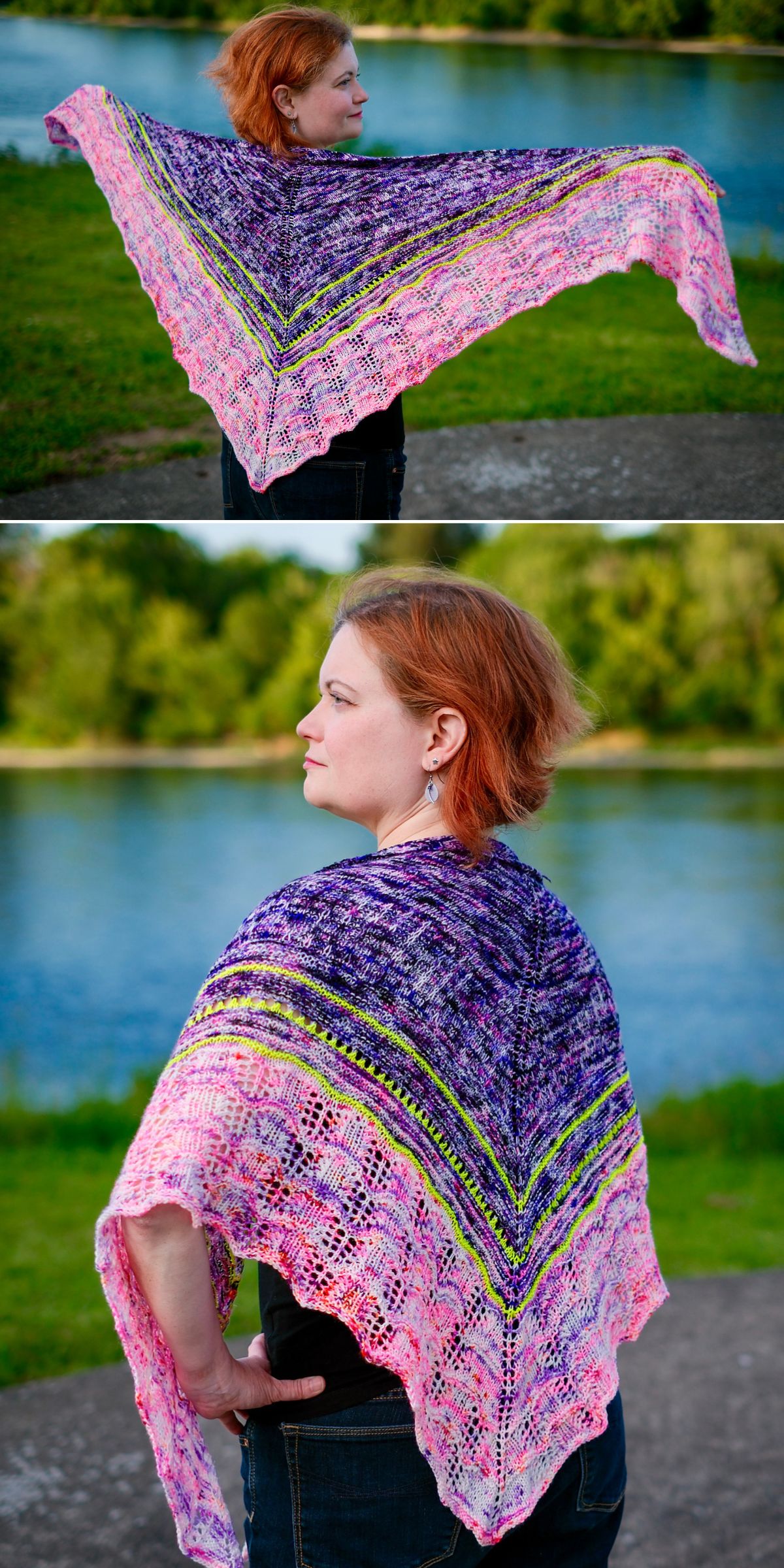 Hand-knit triangular shawl pattern in pink and purple tones worn outdoors by a woman near a lake