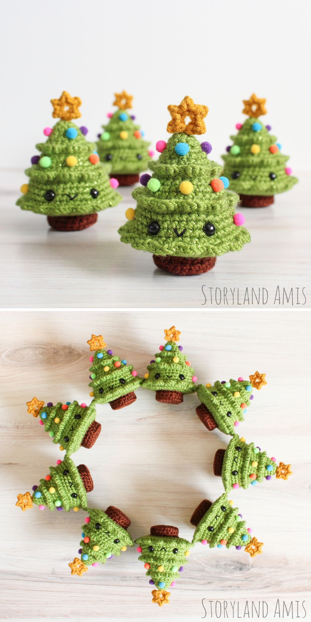 Crochet Christmas tree amigurumi with colorful decorations and star toppers are shown standing upright and arranged in a circle on a light surface.