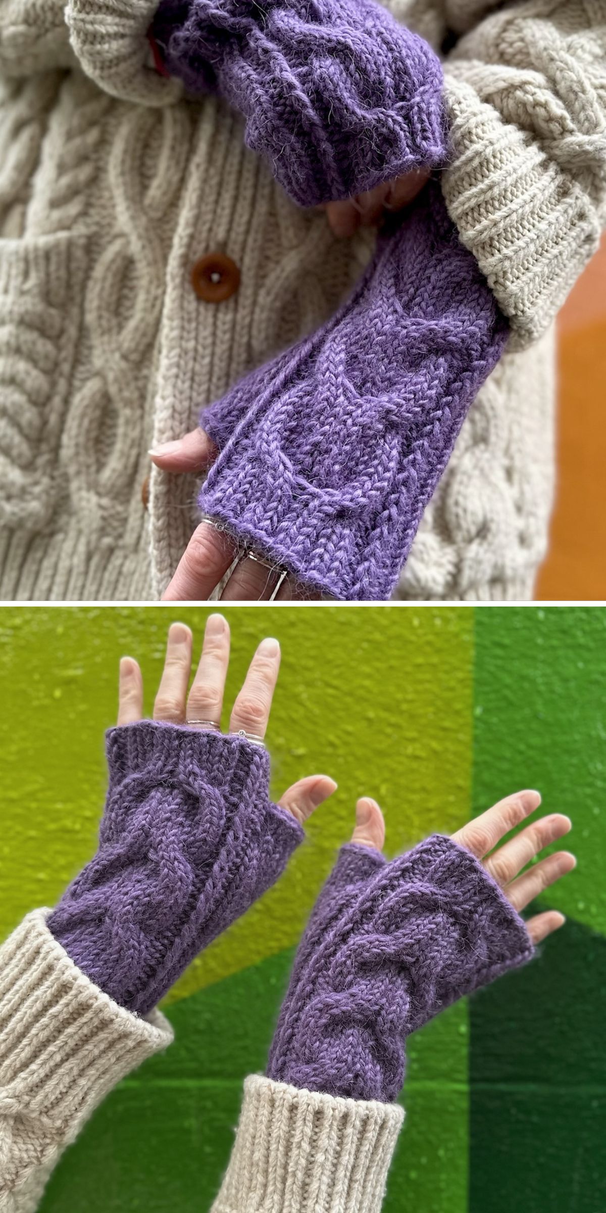 A person wears beige cable-knit sleeves and purple cable-knit fingerless gloves — perfect inspiration if you’re searching for free knitting patterns for fingerless gloves—showing off the gloves against different backgrounds.