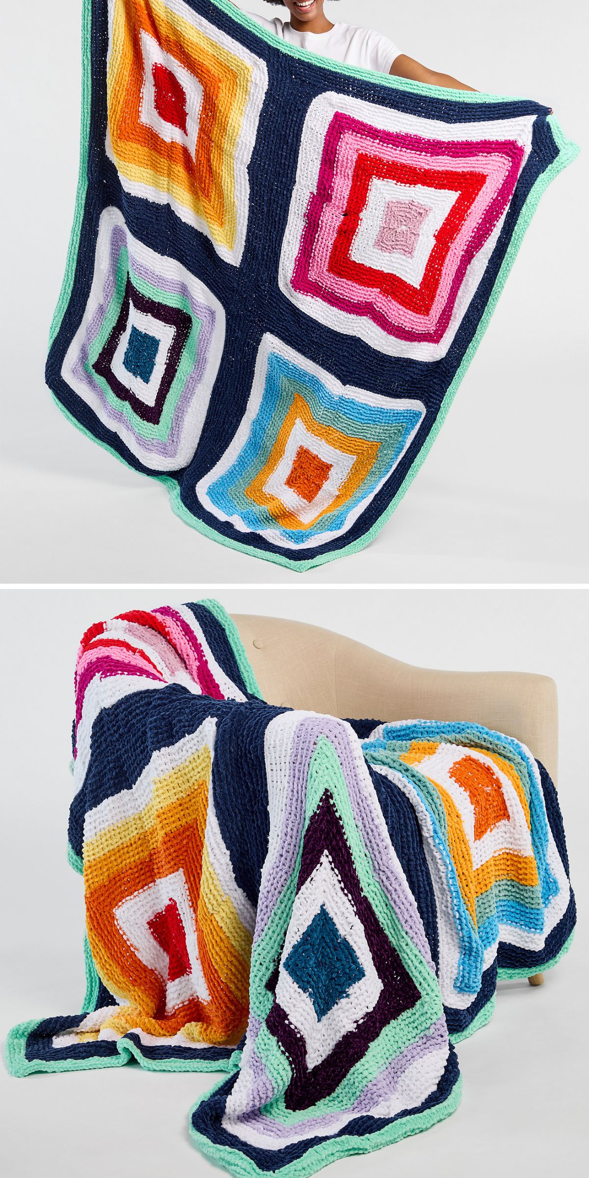 A colorful crocheted blanket featuring a bold geometric square design in red, orange, yellow, navy, blue, and green tones — displayed by a person and draped over a chair — perfect for showcasing your favorite blanket knitting pattern.