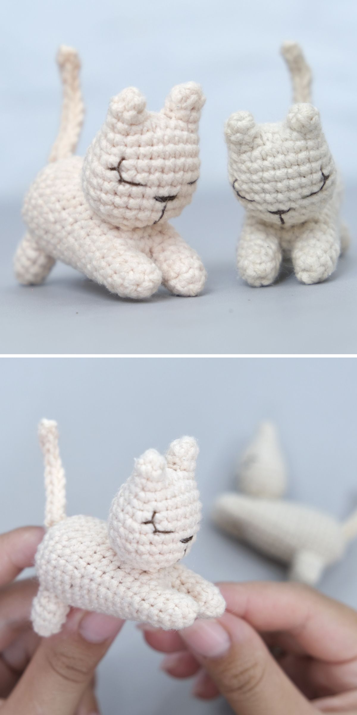 Two small crochet cat amigurumi in a light cream color are shown, one being held by hands, both with simple stitched facial features and upright tails.