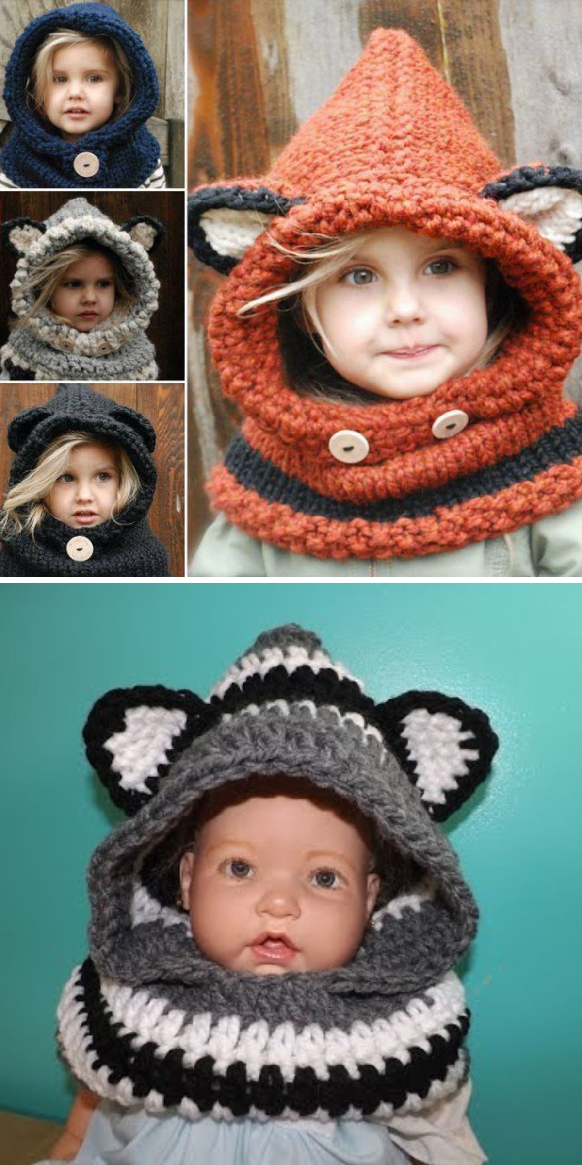 Children and a doll wear cozy, animal-themed knitted cowls with ears, buttons, and striped patterns in orange, black, gray, and white.
