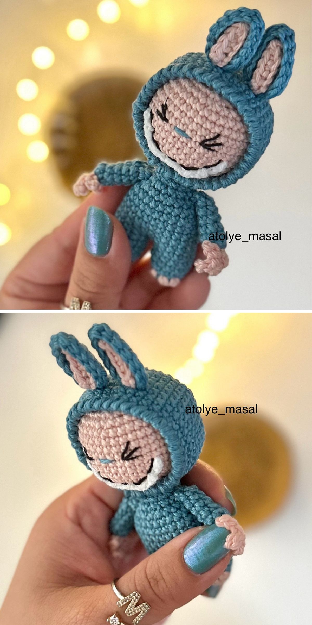 Two photos show a hand holding a small labubu amigurumi doll wearing a blue bunny costume with ears. The doll has closed eyes and a slight smile.