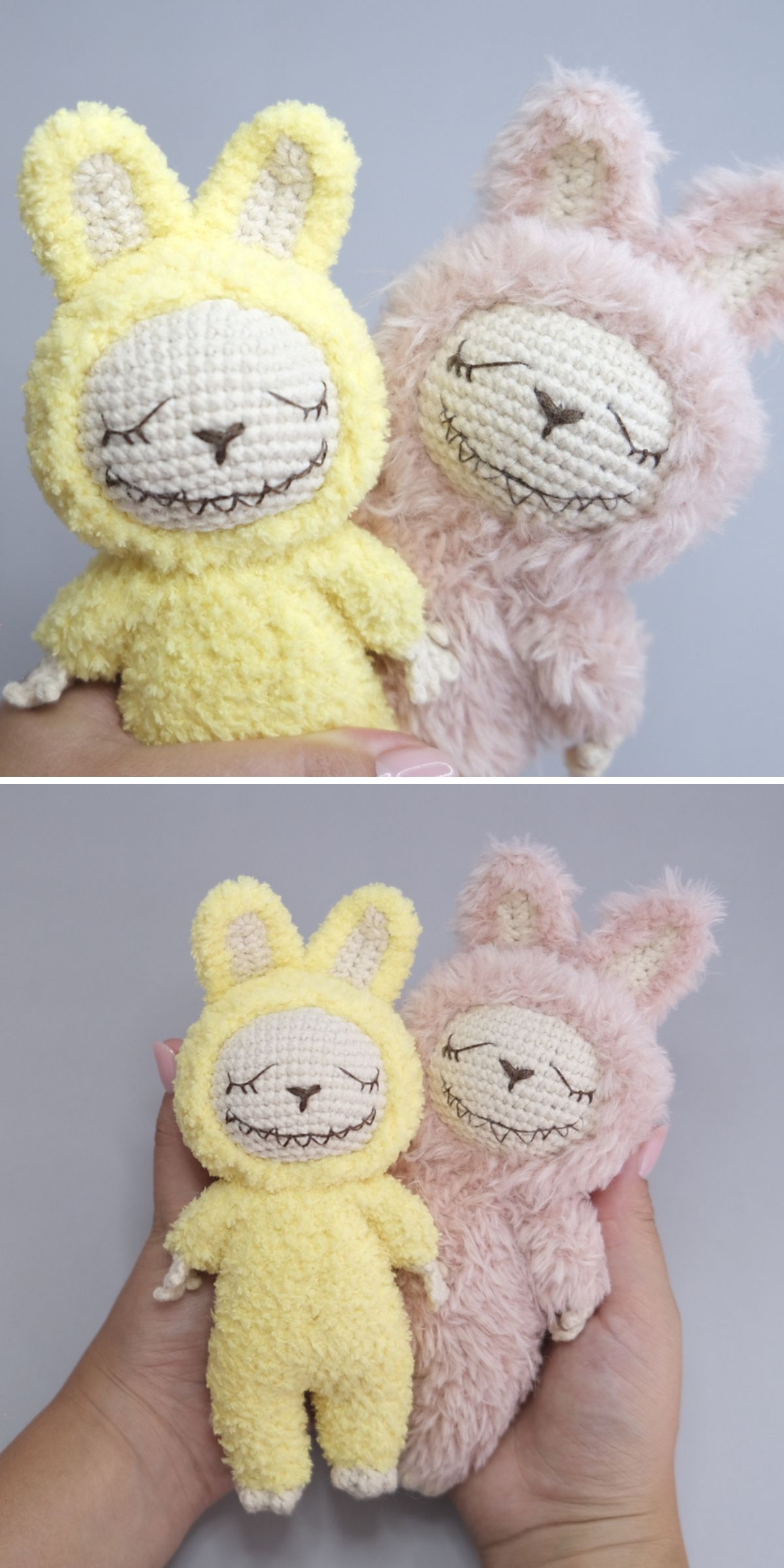 Two crocheted plush toys, one in a yellow bunny suit and the other in a pink bunny suit, inspired by Crochet Labubu, are held in hands against a plain background — perfect for those seeking free amigurumi labubu patterns.