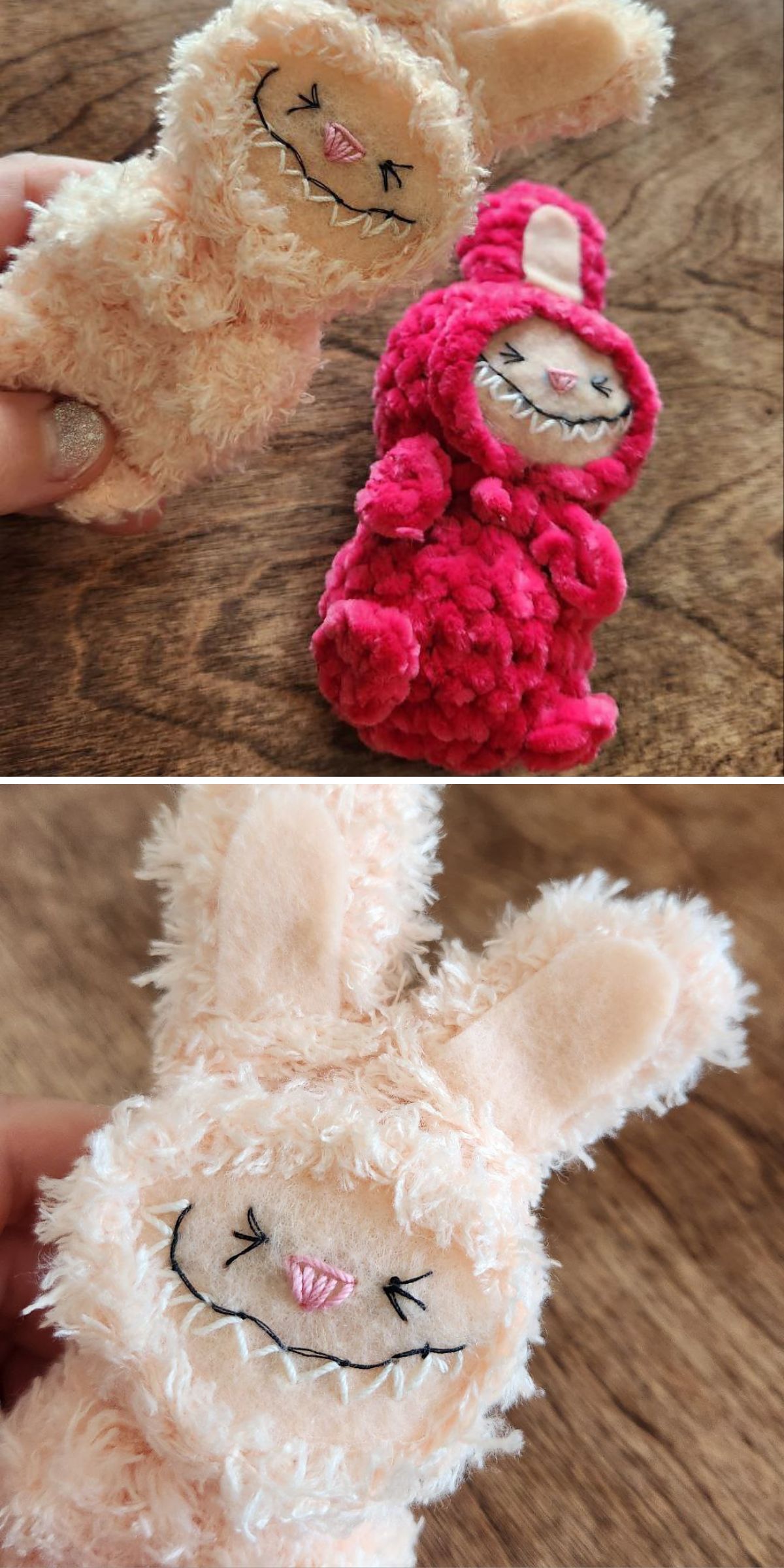 Two plush bunny toys with wide, stitched smiles lie on a wooden surface; one is light pink, the other is bright pink. Below is a close-up of the light pink toy, perfect for those looking for cute Crochet Labubu patterns.