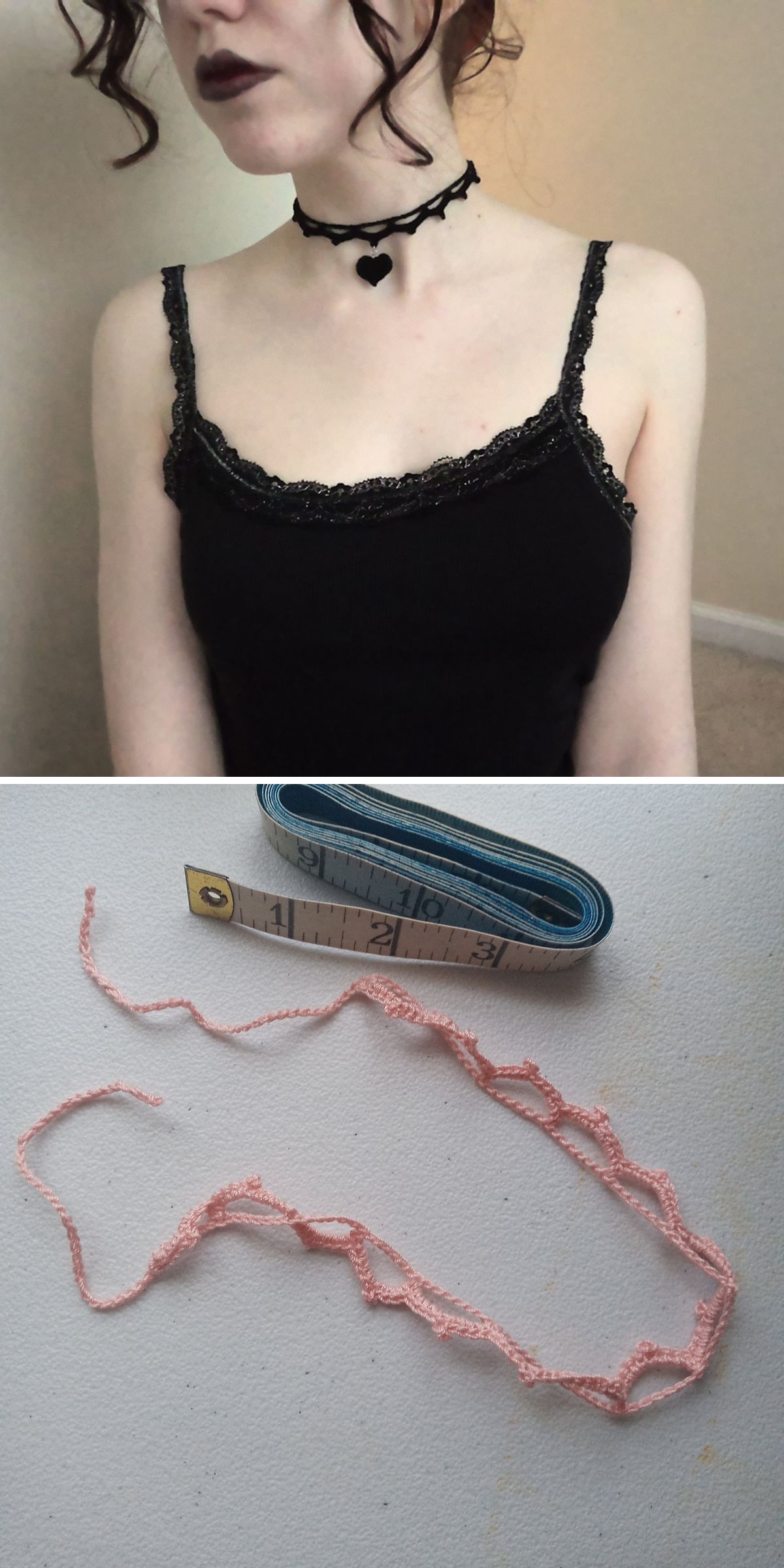 A person wearing a black lace choker and tank top; below, crochet accessories — like a pink lace choker — and a rolled measuring tape rest on a white surface.