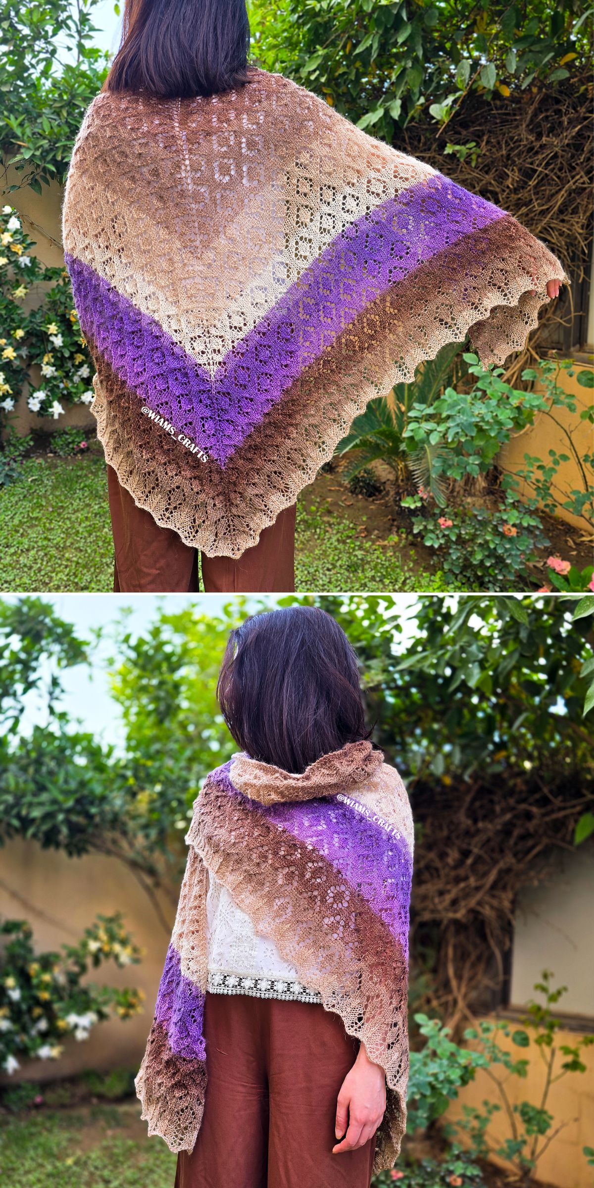 Lace knit triangular shawl pattern in beige, brown, and purple worn over shoulders in a garden