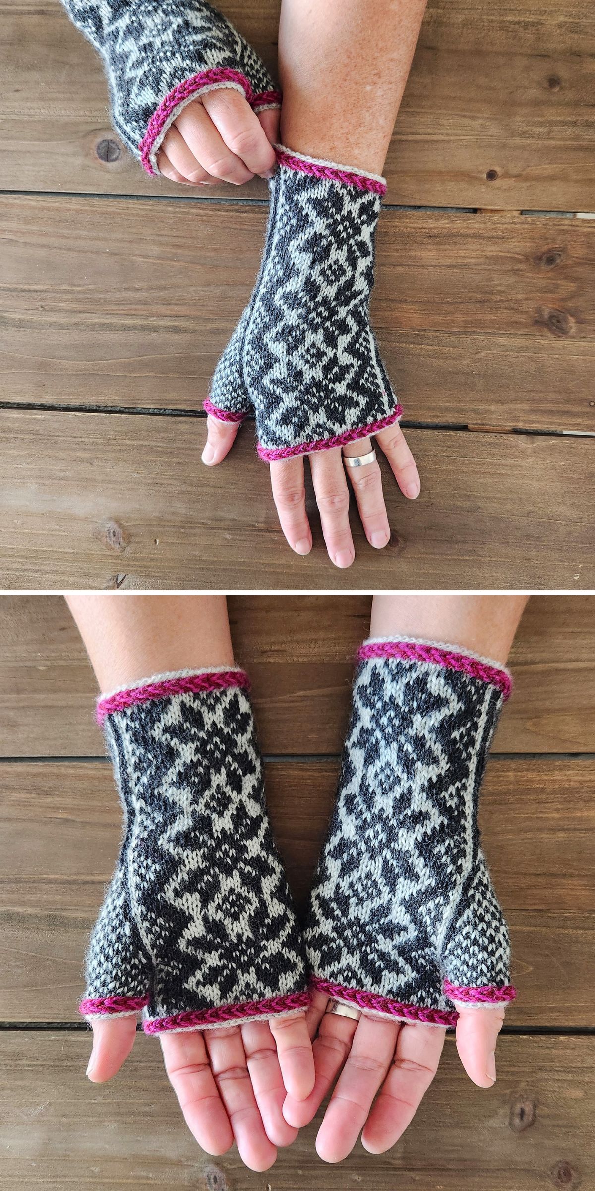 Two photos show hands wearing gray and white knitted fingerless gloves with a geometric pattern and pink trim, displayed on a wooden surface — perfect inspiration if you're searching for free knitting patterns for fingerless gloves.