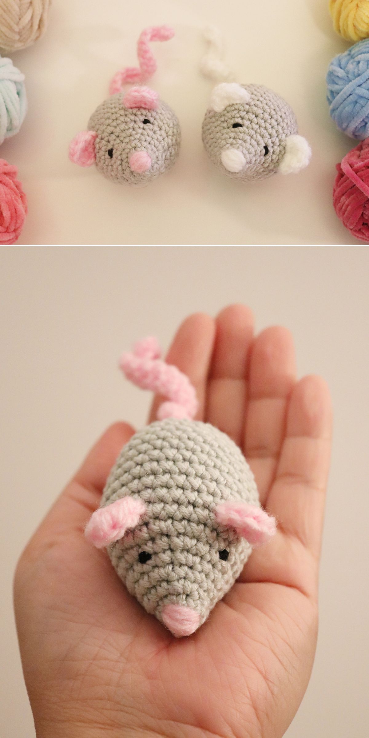 Two amigurumi mice with pink tails and ears are shown; one is held in a hand for scale, surrounded by colorful yarn balls.
