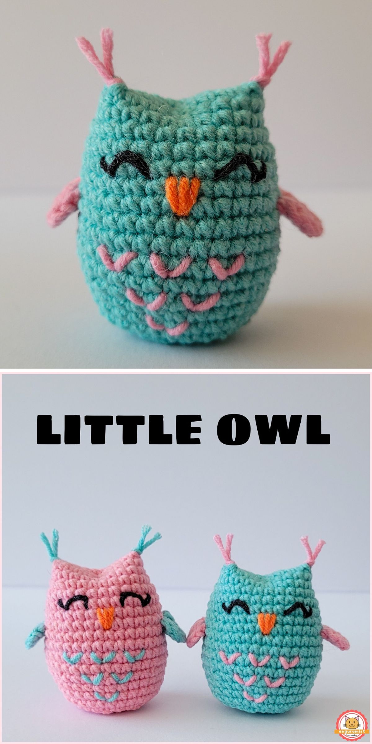 Two crochet owl toys, one in blue and one in pink, feature embroidered details and small wings. Displayed both separately and together on a plain background, these charming crochet owls make an adorable pair.