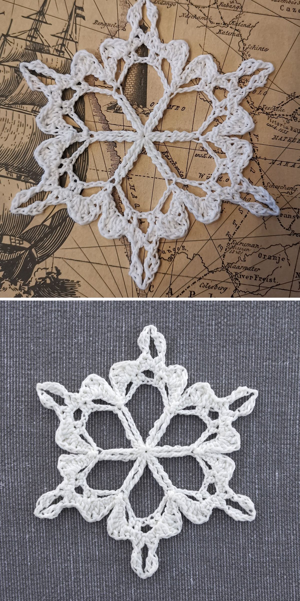 Two photos of a white crochet snowflake ornament are shown, one displayed on a vintage map background and the other on a gray fabric background.