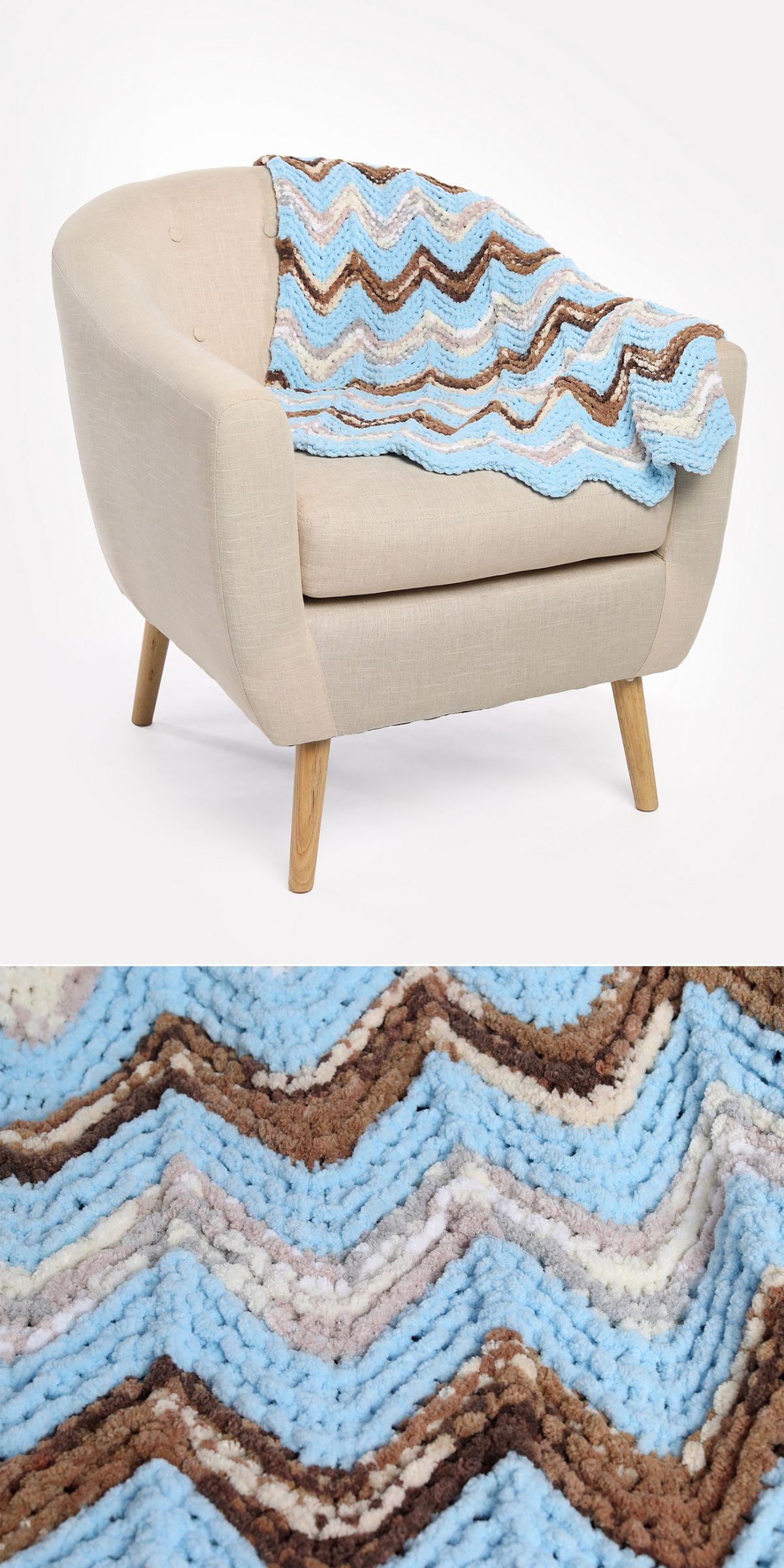 A beige armchair with a blue, brown, and cream chevron-patterned blanket draped over the back; close-up highlights the textured stitches and intricate blanket knitting pattern.