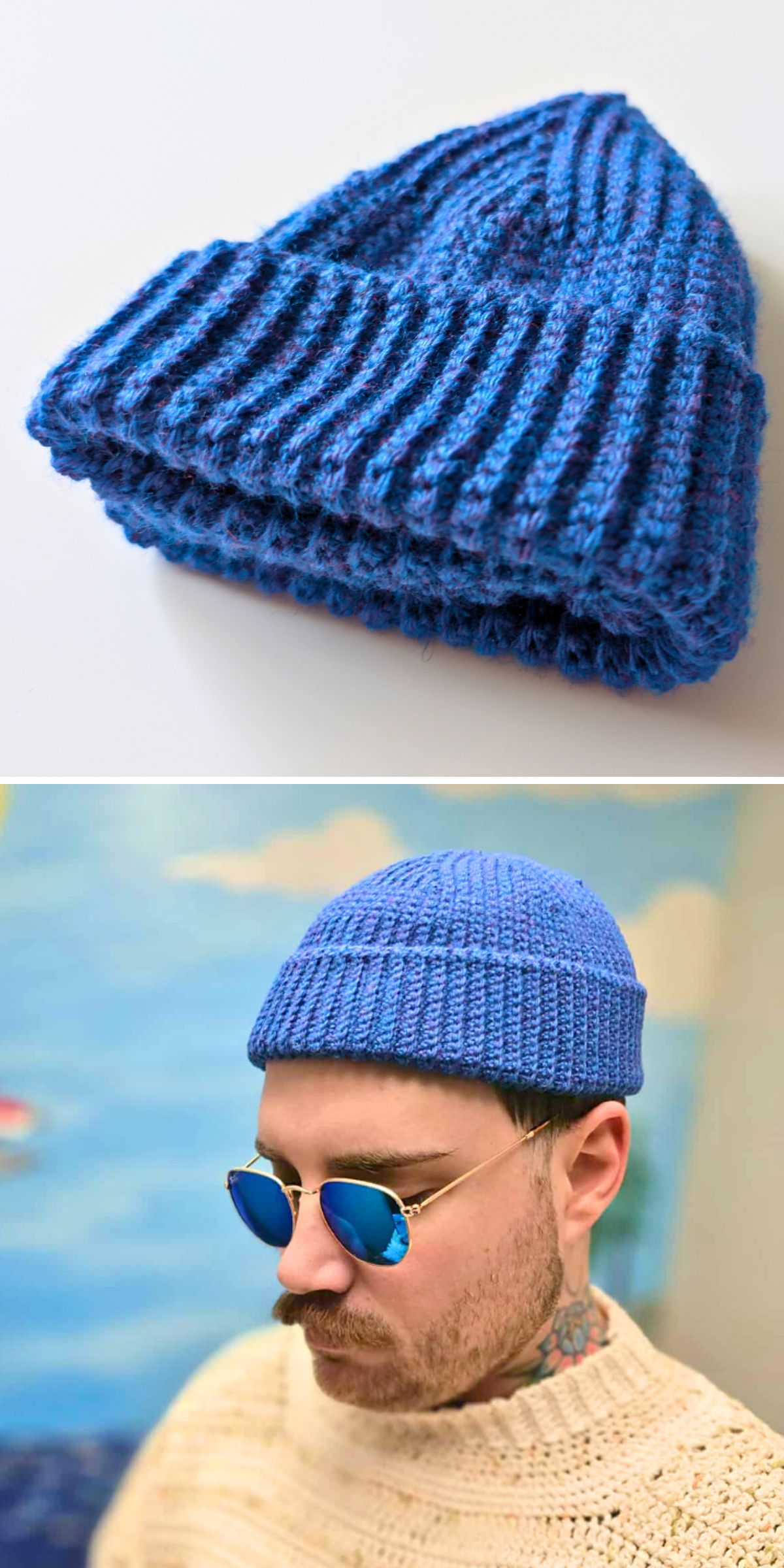 A blue crochet beanie hat shown folded and then worn by a person with sunglasses against a blurred background.