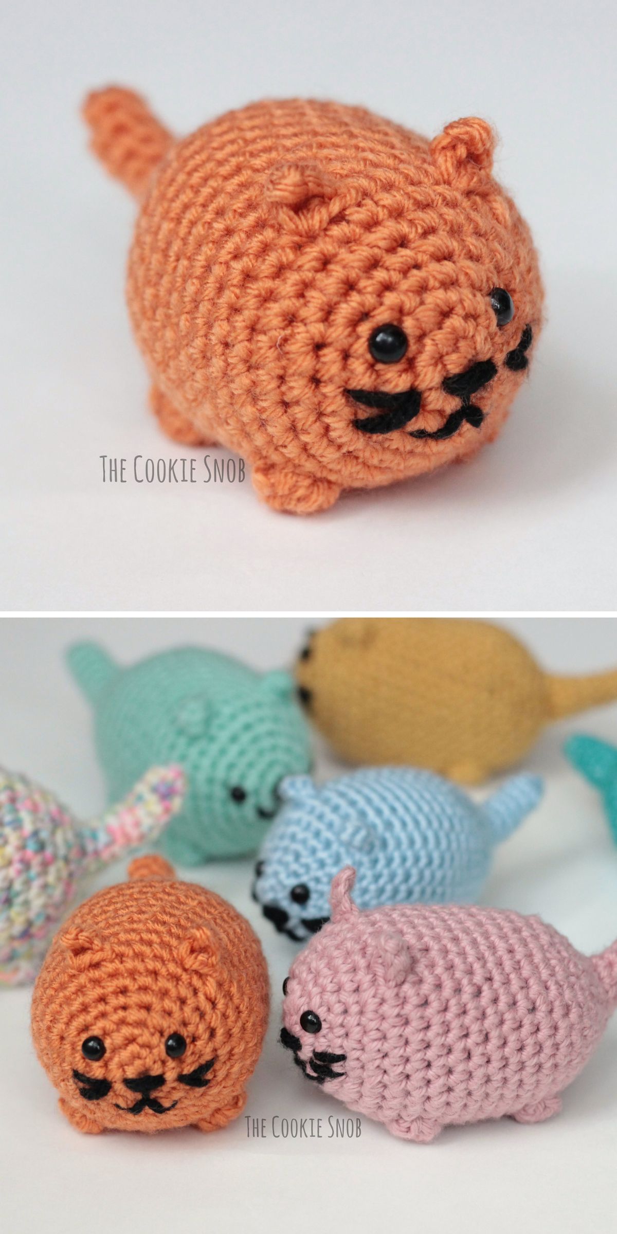 Two images of crochet cat amigurumi plush toys in various colors, featuring black embroidered facial features and round bodies.