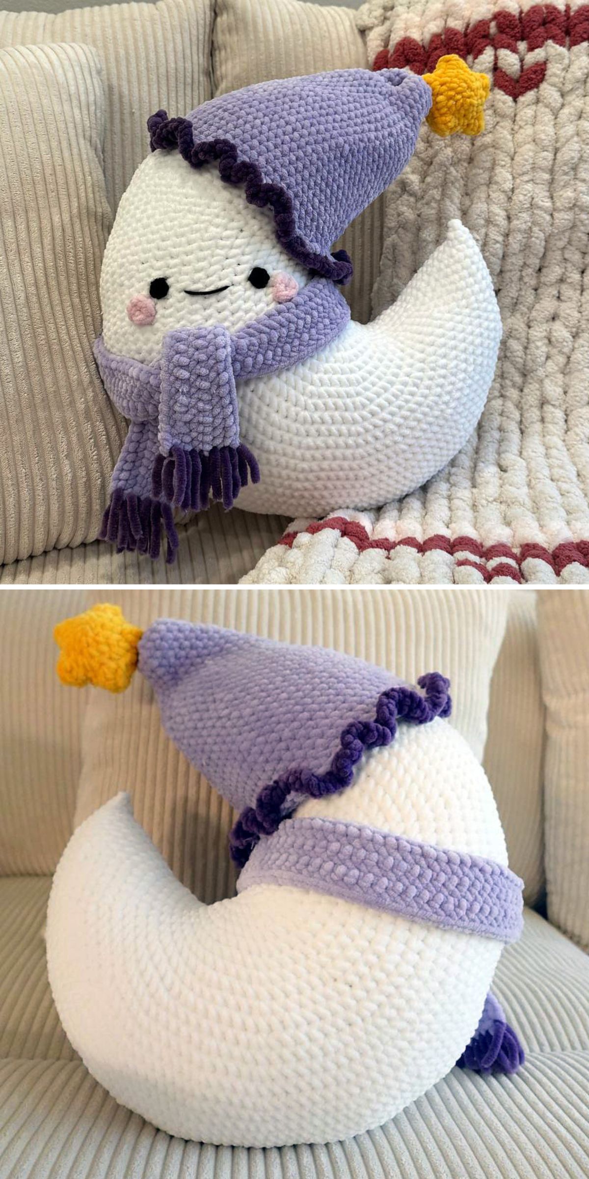 A plush crescent moon toy with a smiling face, purple hat with yellow star tip, purple scarf, and blush cheeks sits on a beige corduroy couch beside a cozy crochet pillow.
