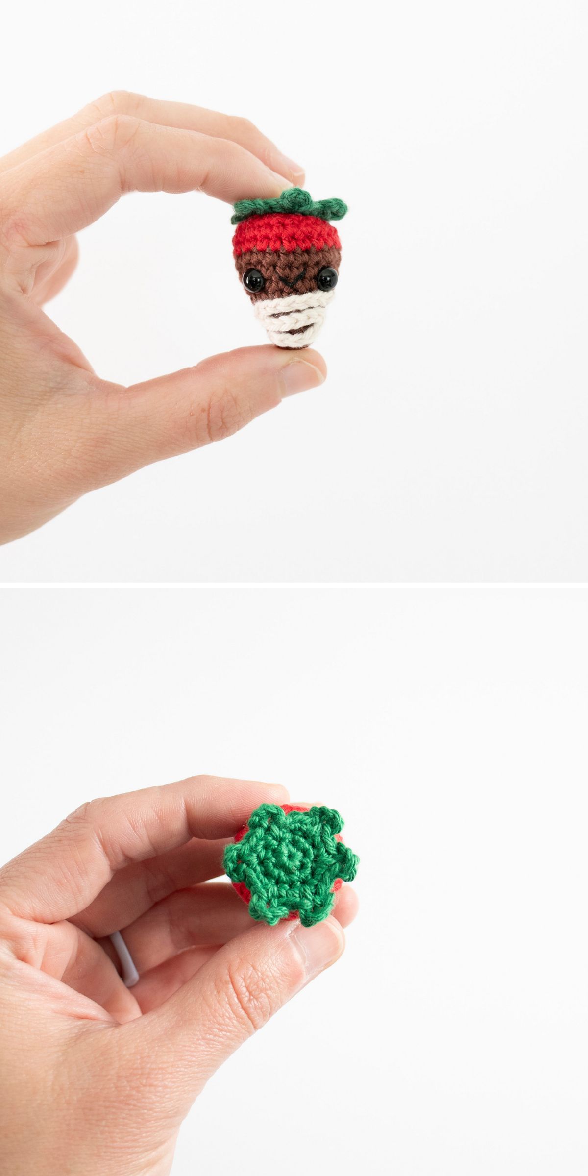 A hand holds a small crochet strawberry with a face in the first image; the second image shows its back side, featuring green crocheted leaves.