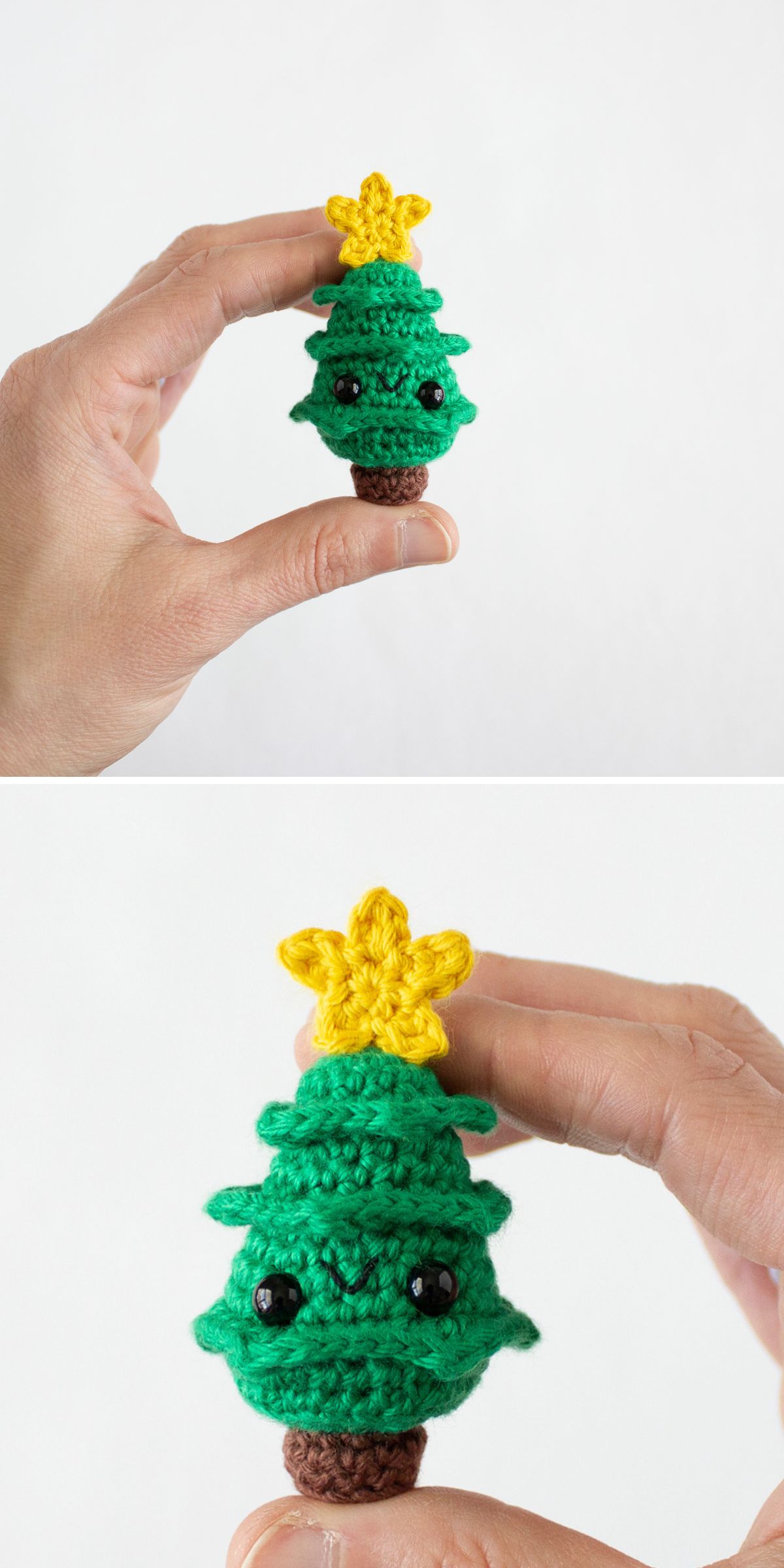 A hand holds a small crochet Christmas tree with black button eyes and a yellow star on top.