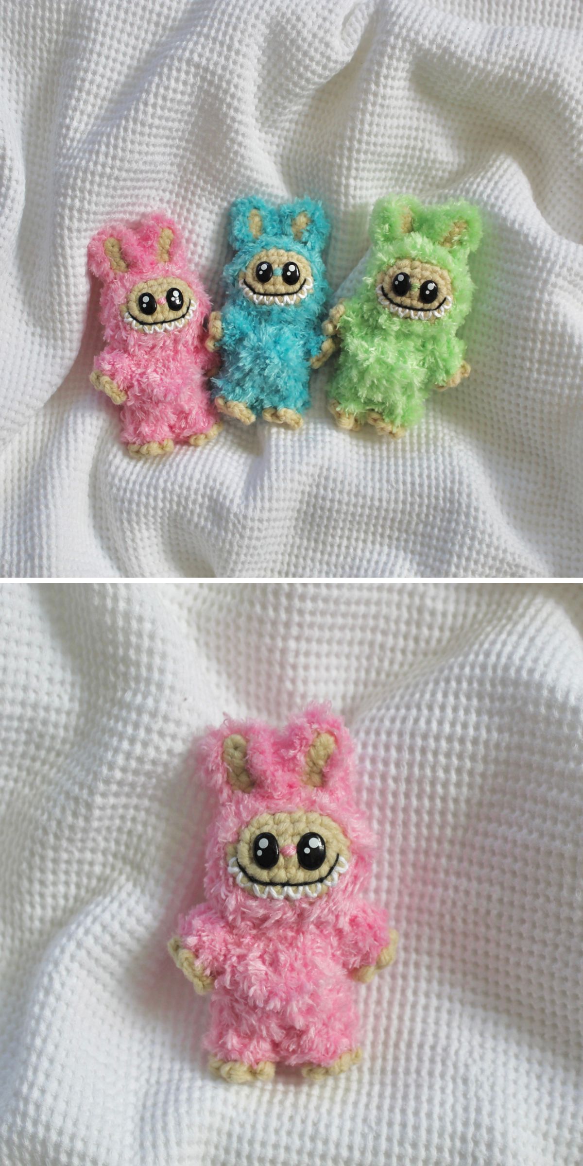 Three small plush toys in pink, blue, and green with big eyes and bunny-like ears lie on a white textured fabric; a close-up of the pink Crochet Labubu is shown below, perfect inspiration for amigurumi patterns.
